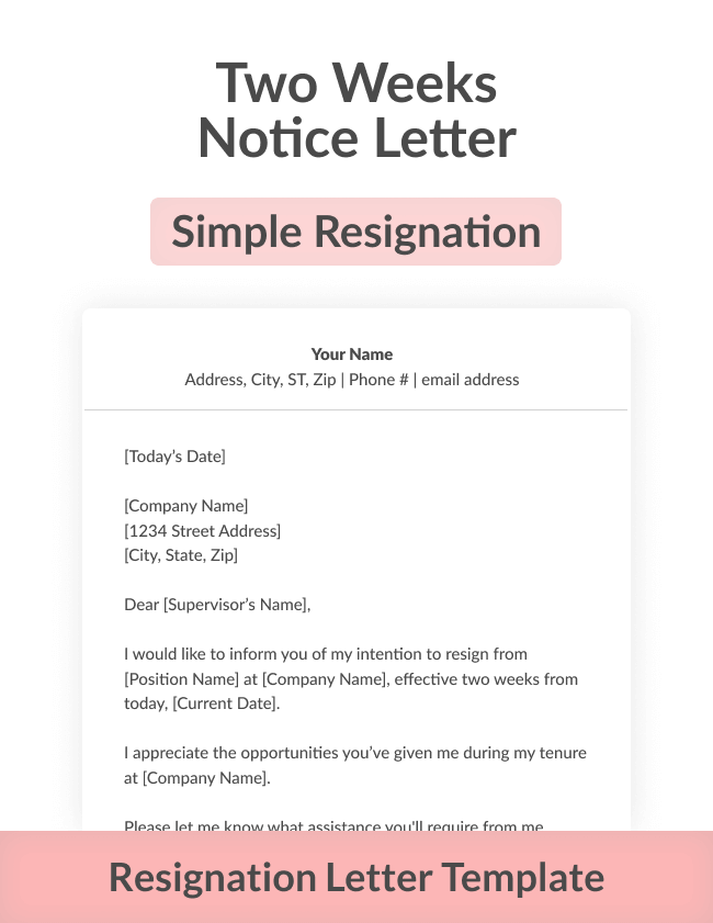 A simple two weeks' notice resignation letter template