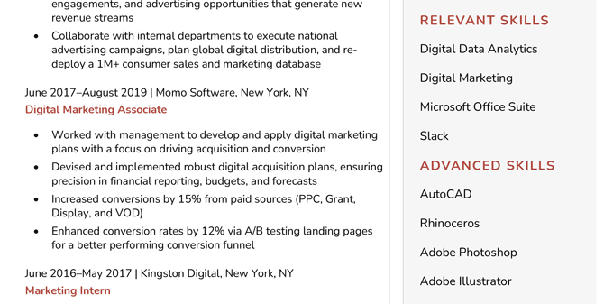 Example of categories in skill levels for a resume. 