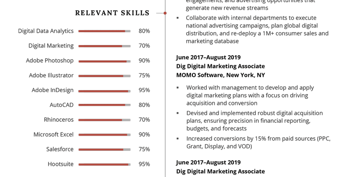 Exemple d'affichage des niveaux de compétence pour un CV à l'aide de pourcentages. 