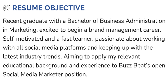 A social media resume objective example with a blue resume header and an icon with an arrow hitting a target