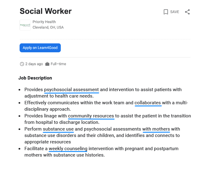 Example of a job description for a social work job to tailor your resume.