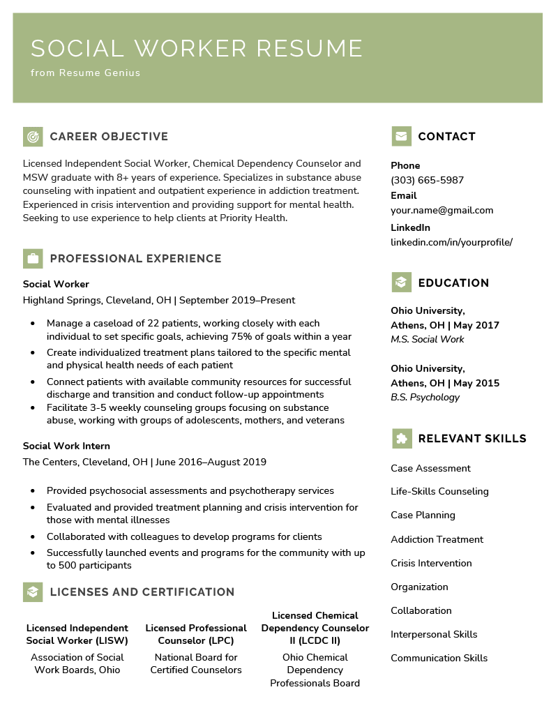 Example of a social work resume.