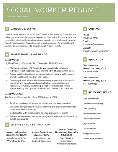 Example of a social work resume.