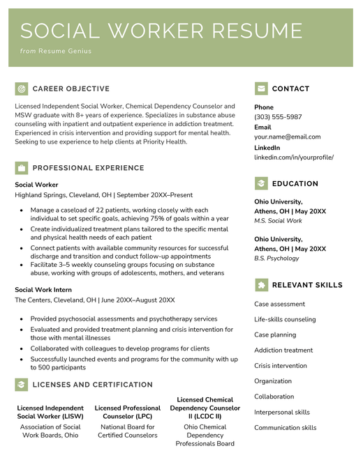 Example of a social work resume.
