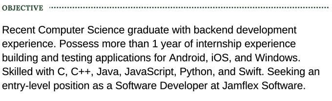 A software developer resume objective example with a green header
