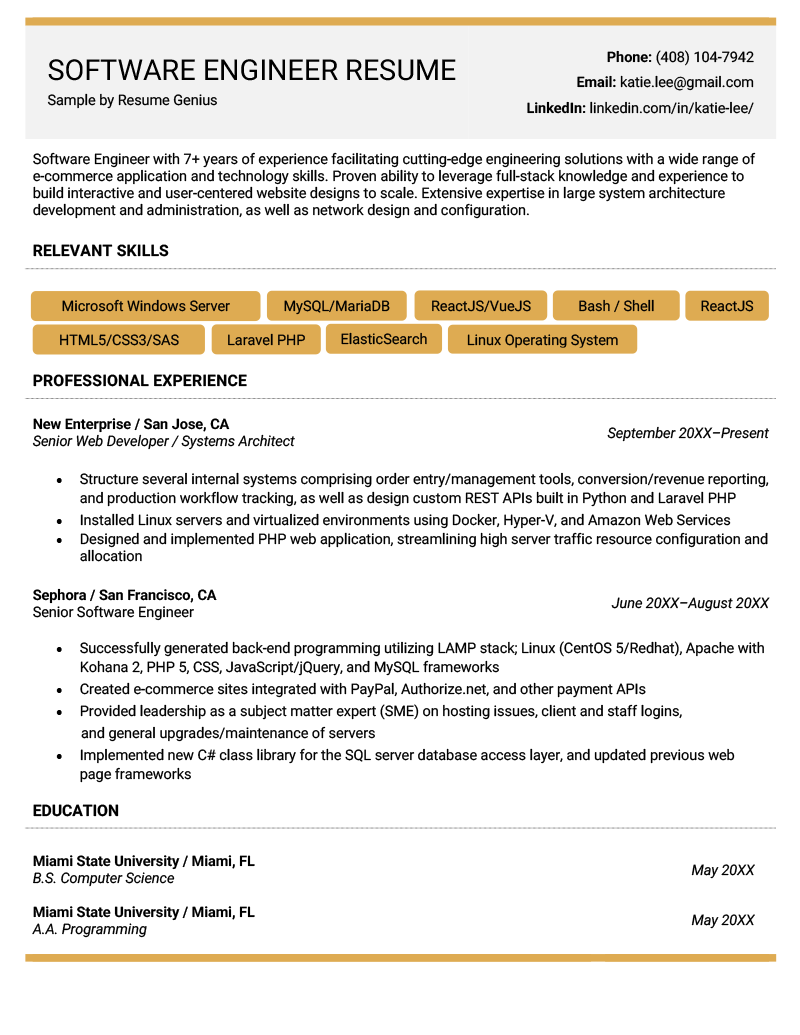 An example of a software engineer resume featuring gray and yellow accents