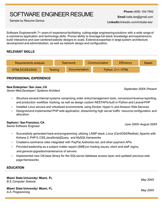 An example of a software engineer resume featuring gray and yellow accents