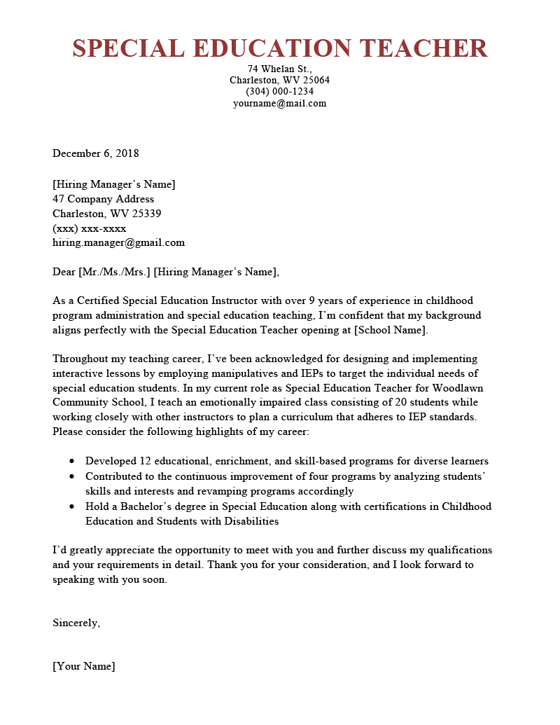 Special Education Cover Letter