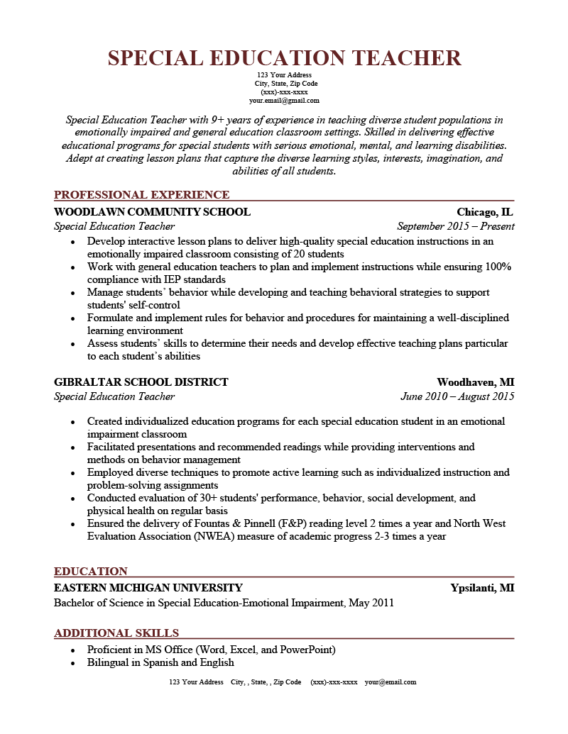 resume sample for education