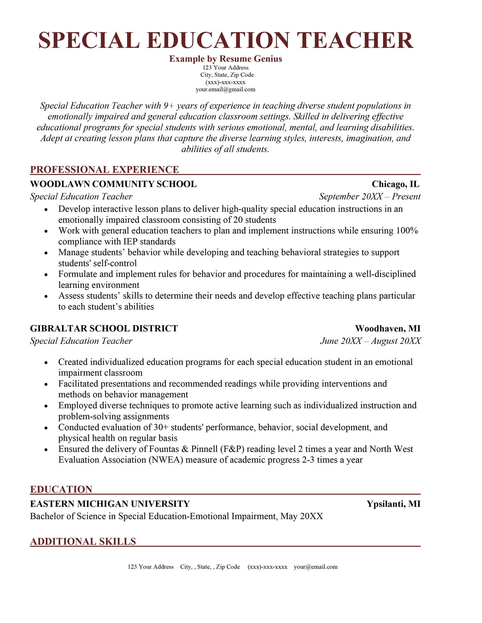 A special education teacher resume example