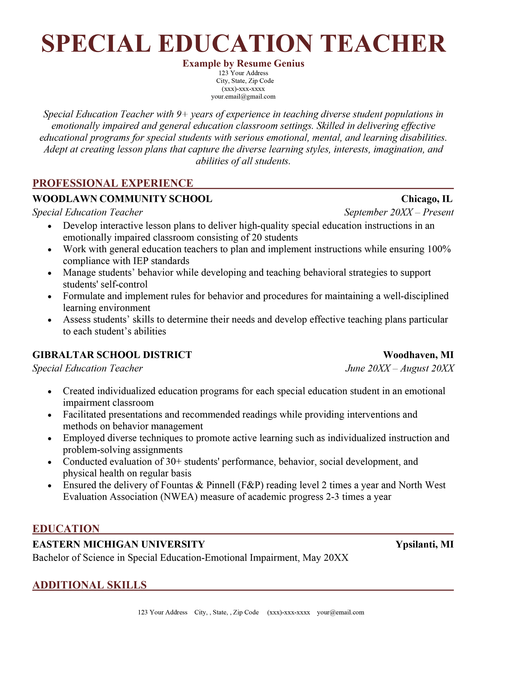 A special education teacher resume example
