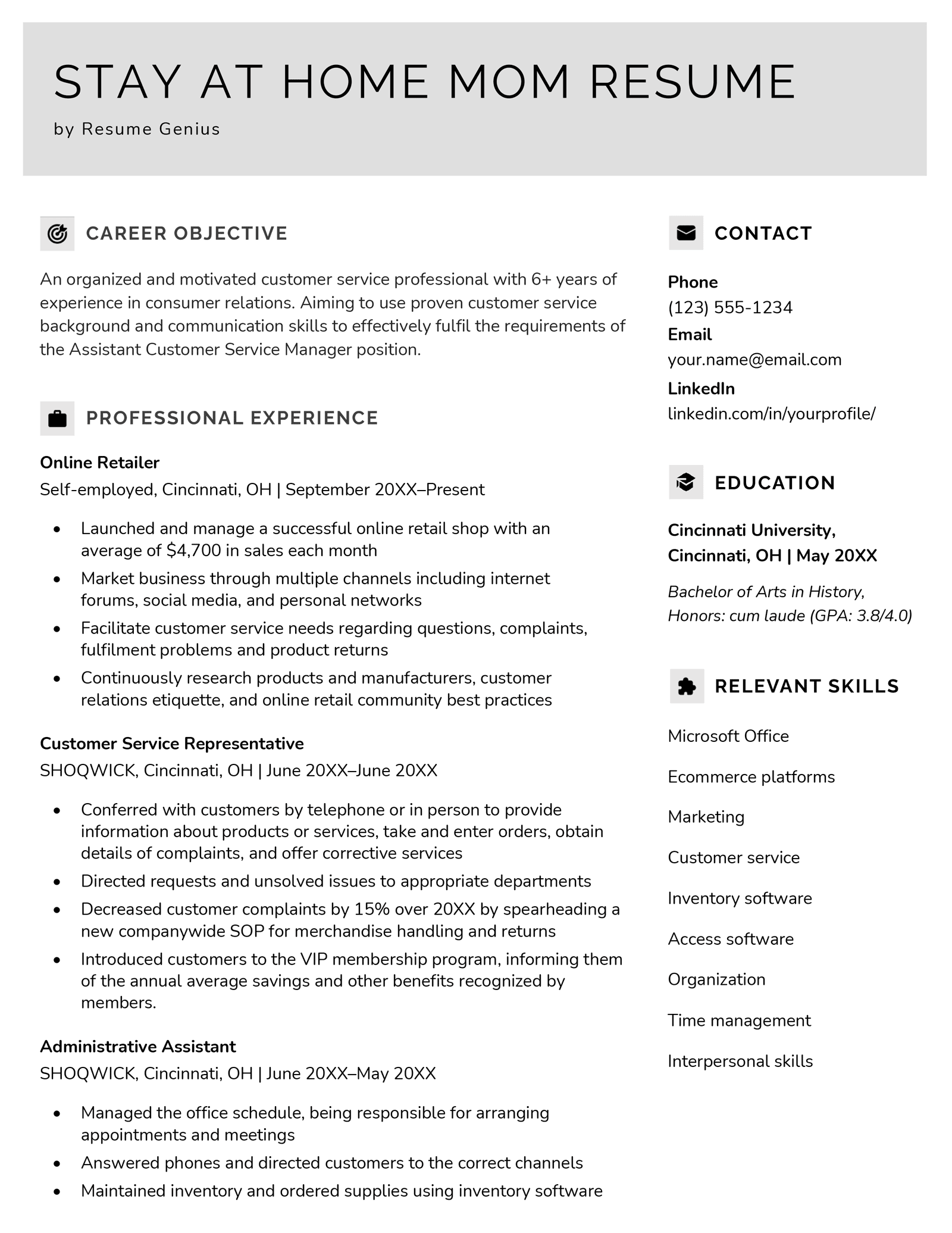 Example of a stay at home mom resume.