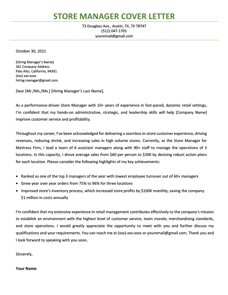 Store manager cover letter example