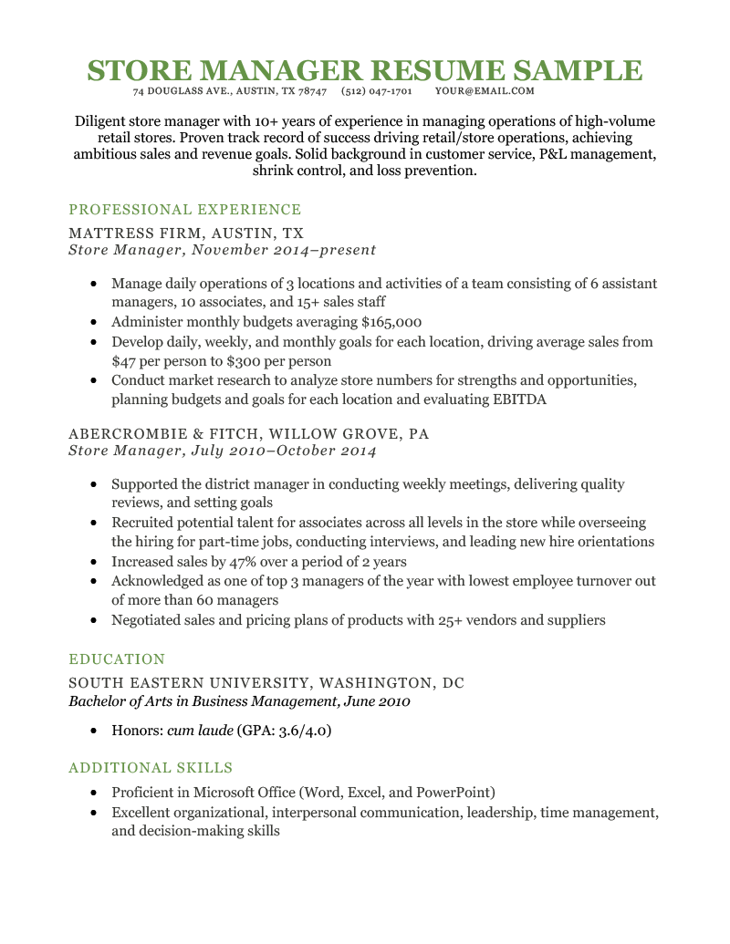Store Manager Resume Sample Template