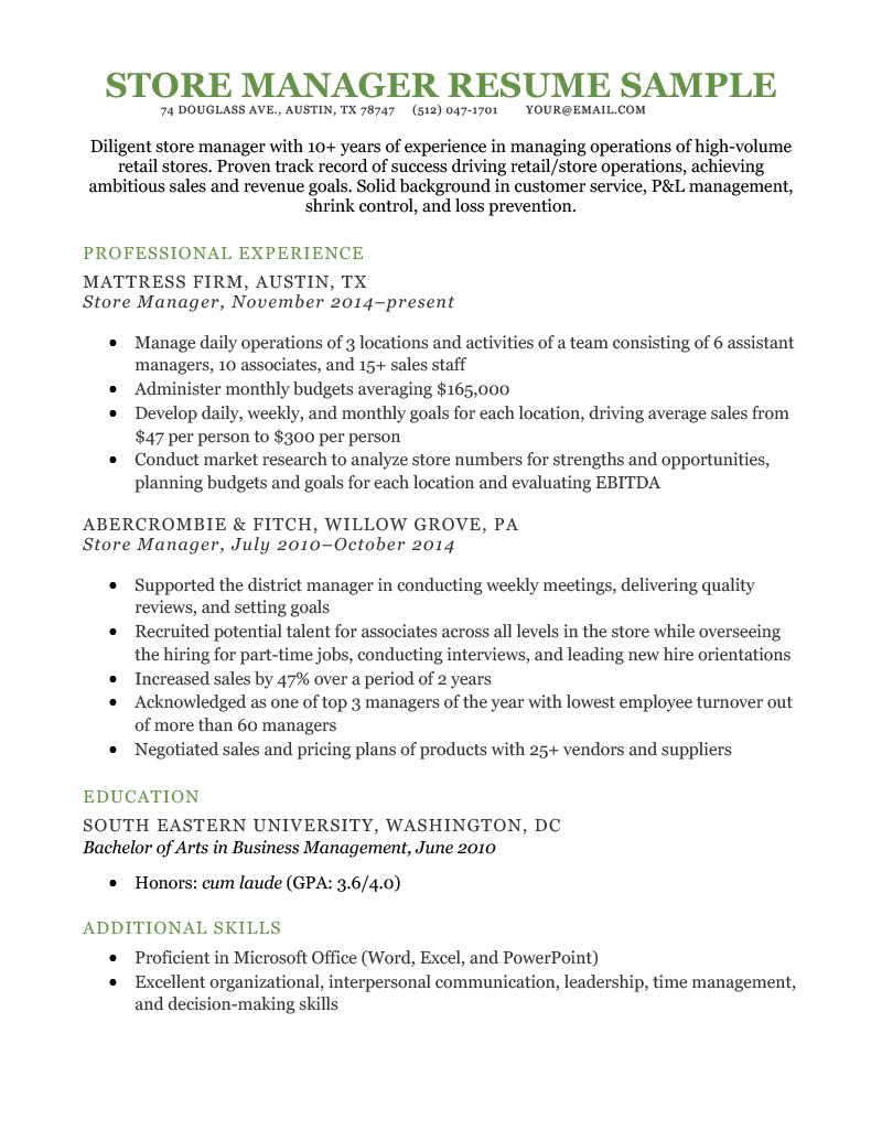 Store Manager Resume (Example for Download)