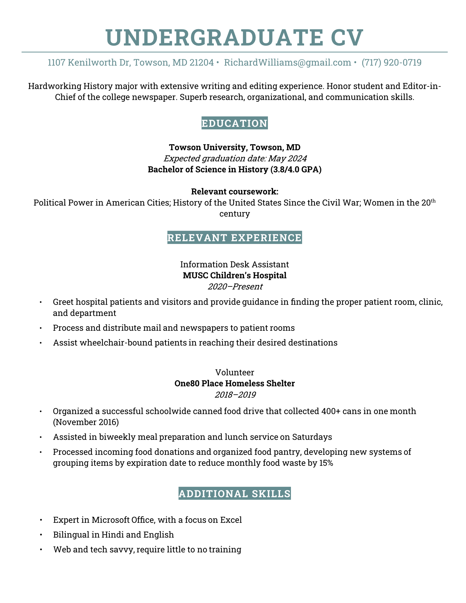 Example of a student CV with a teal color scheme and centered layout.