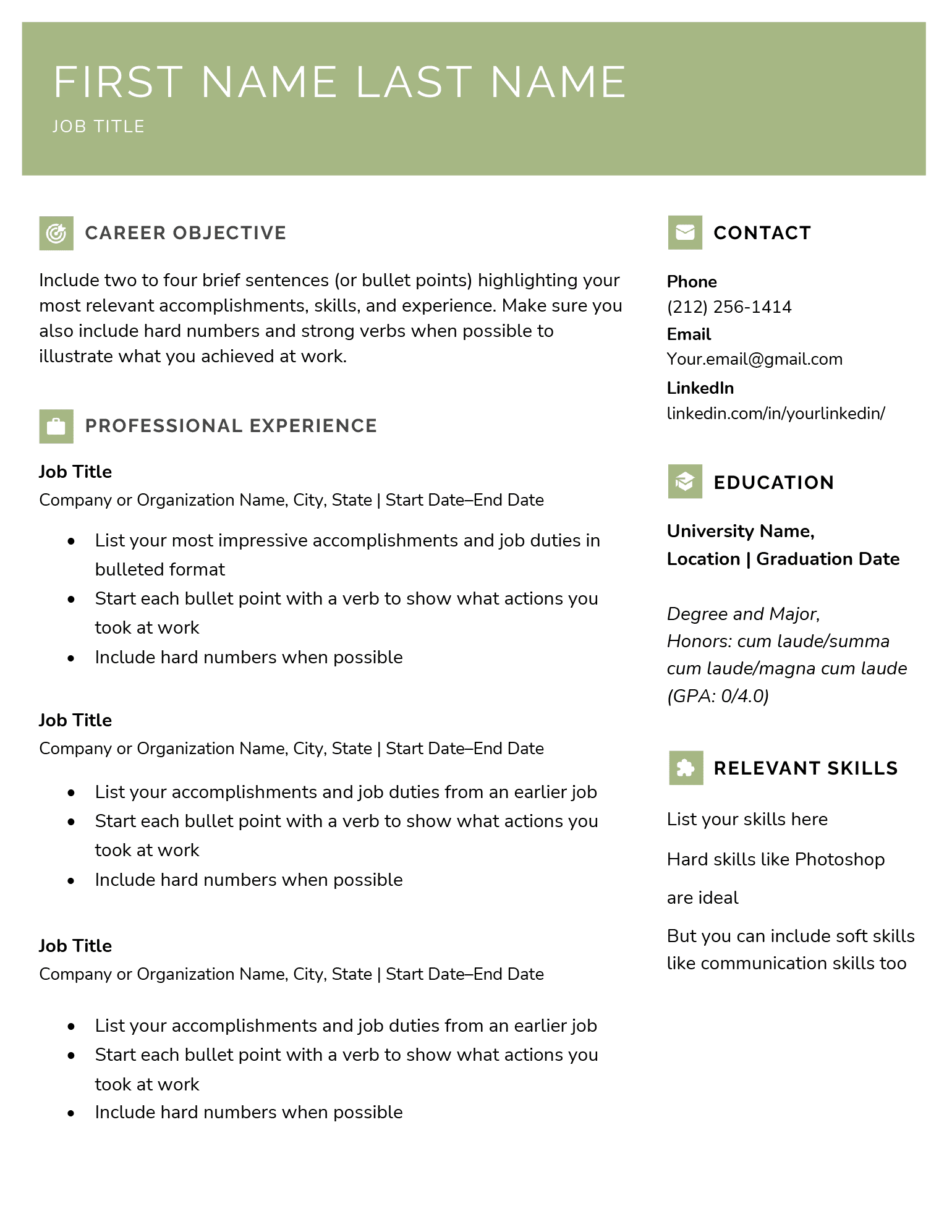 A blank pre-formatted resume with a large green header and small icons next to each resume section