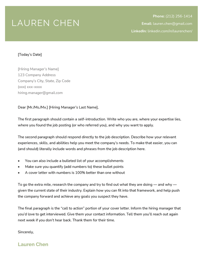 Stylish Modern Cover Letter Template, Green Color, image for the cover letter templates hubpage