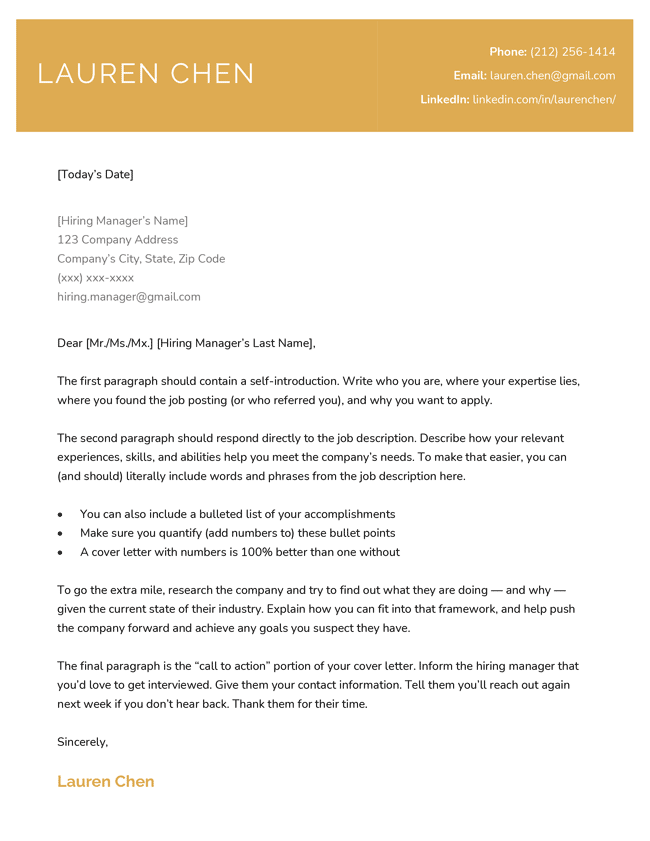 Stylish Modern Cover Letter Template, Yellow Color