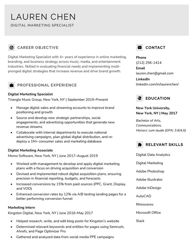 The Stylish modern resume template, which features a light gray header bar and subtle icons for each resume section