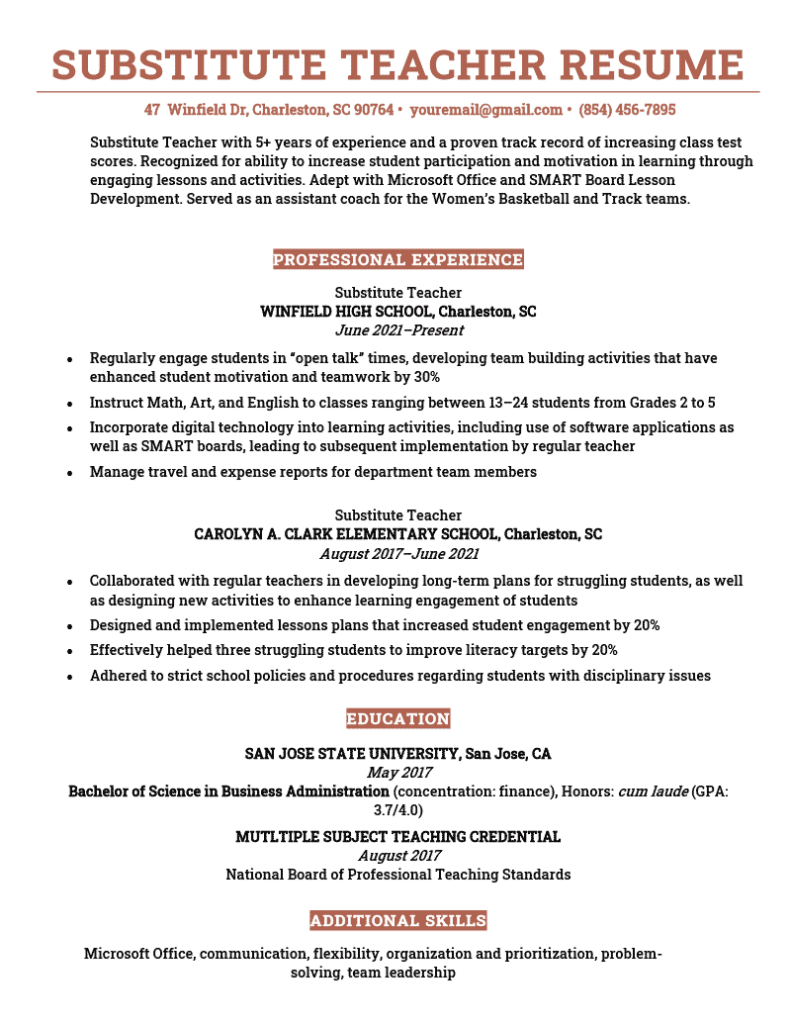 substitute teacher resume template free