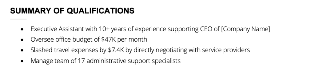 Summary of Qualifications Example for an Executive Assistant