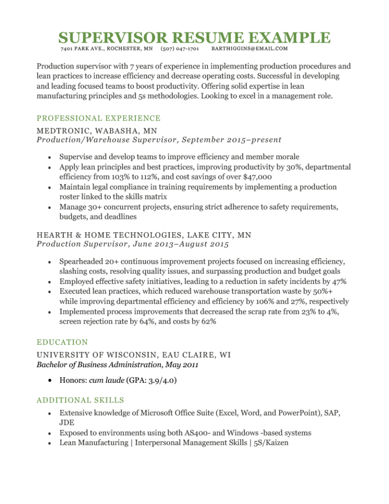 what is a good resume summary for a supervisor