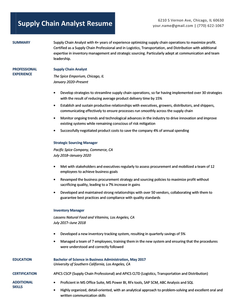 A supply chain analyst resume sample