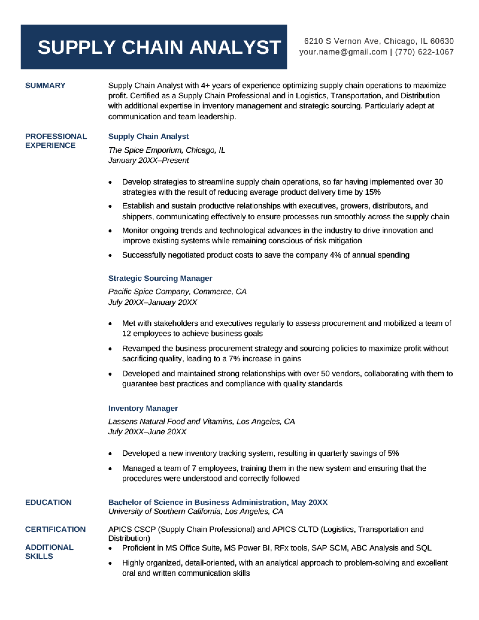 Profile Summary Of Supply Chain Manager