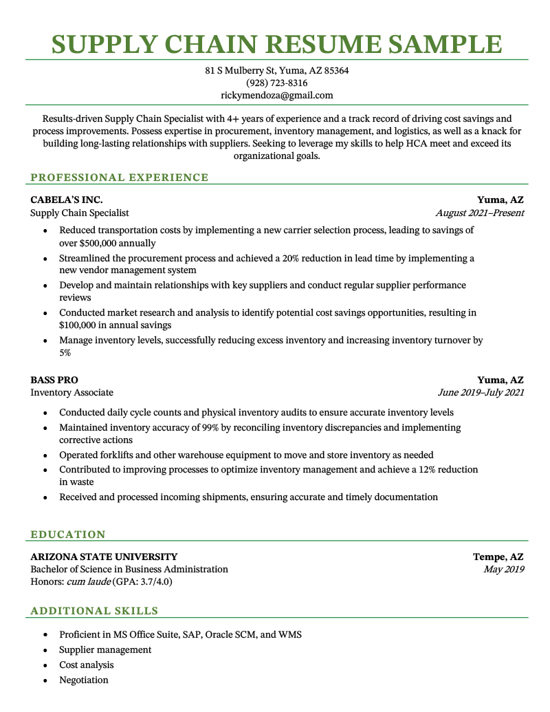 An example of a supply chain resume