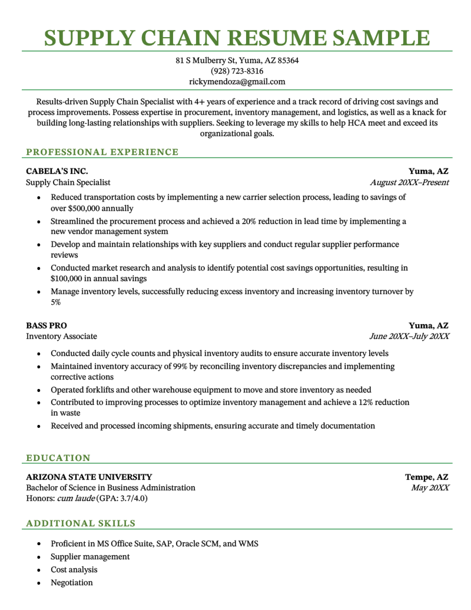 resume summary examples for supply chain