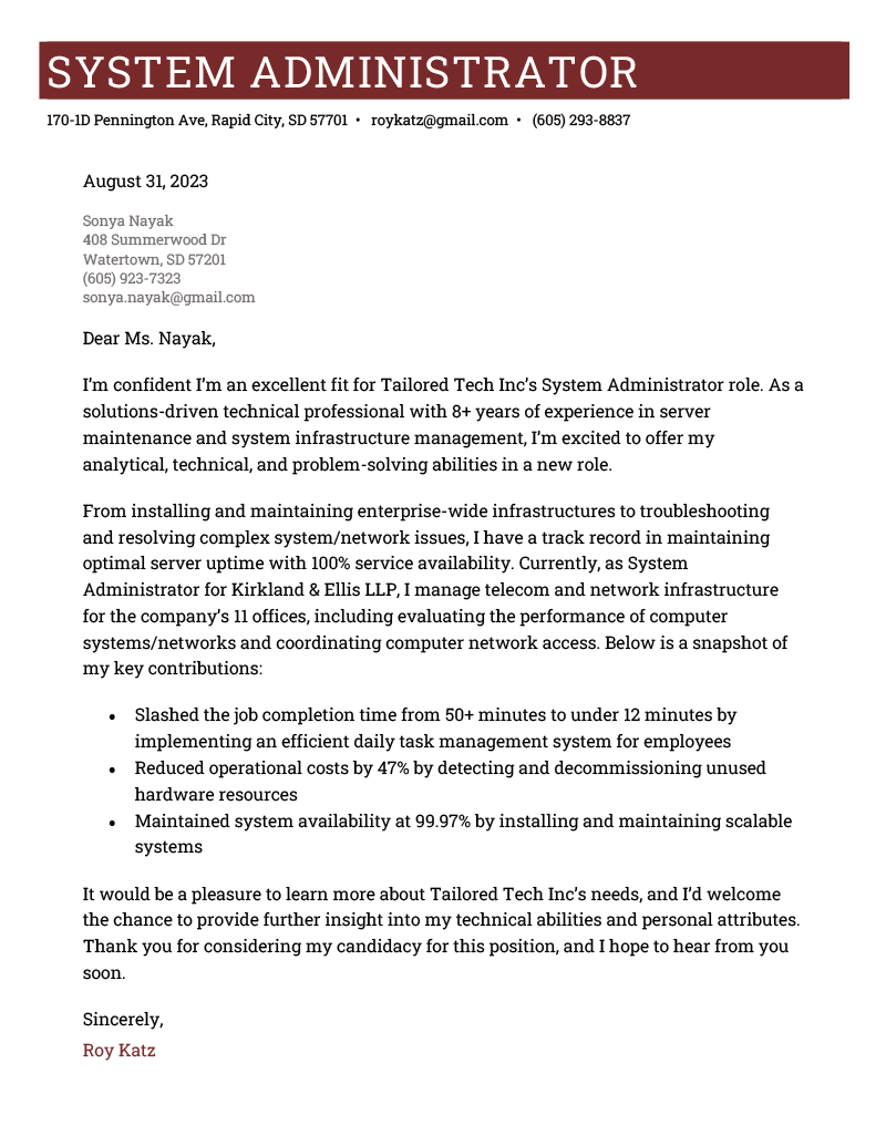 Example of a system administrator cover letter.