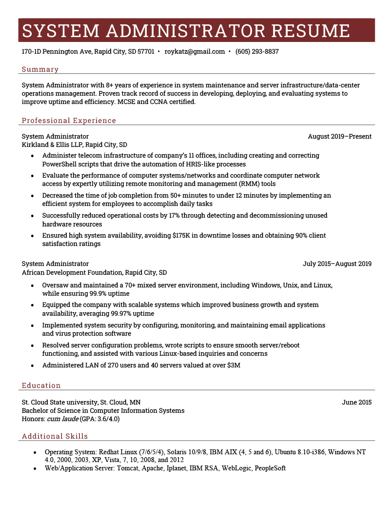 A system administrator resume example