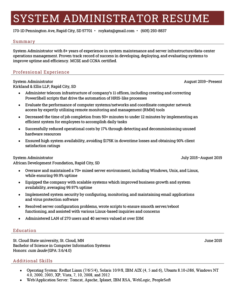 system admin responsibilities resume