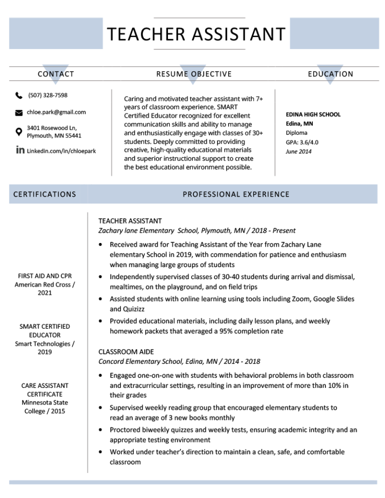 Teacher Assistant Resume Example And Writing Tips Resume Genius 