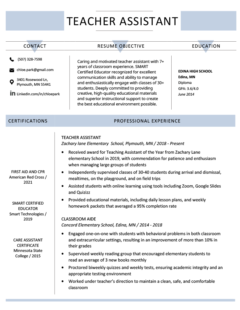 a sample resume for a teacher assistant