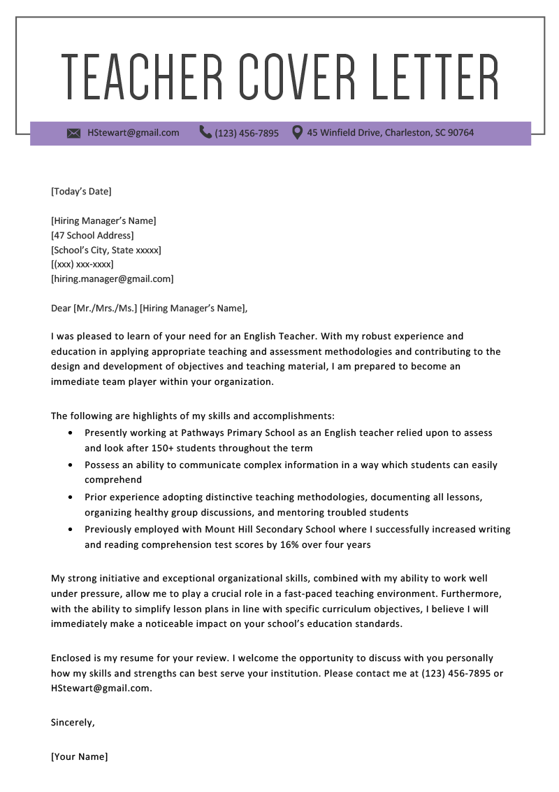 Teaching Position Cover Letter from resumegenius.com