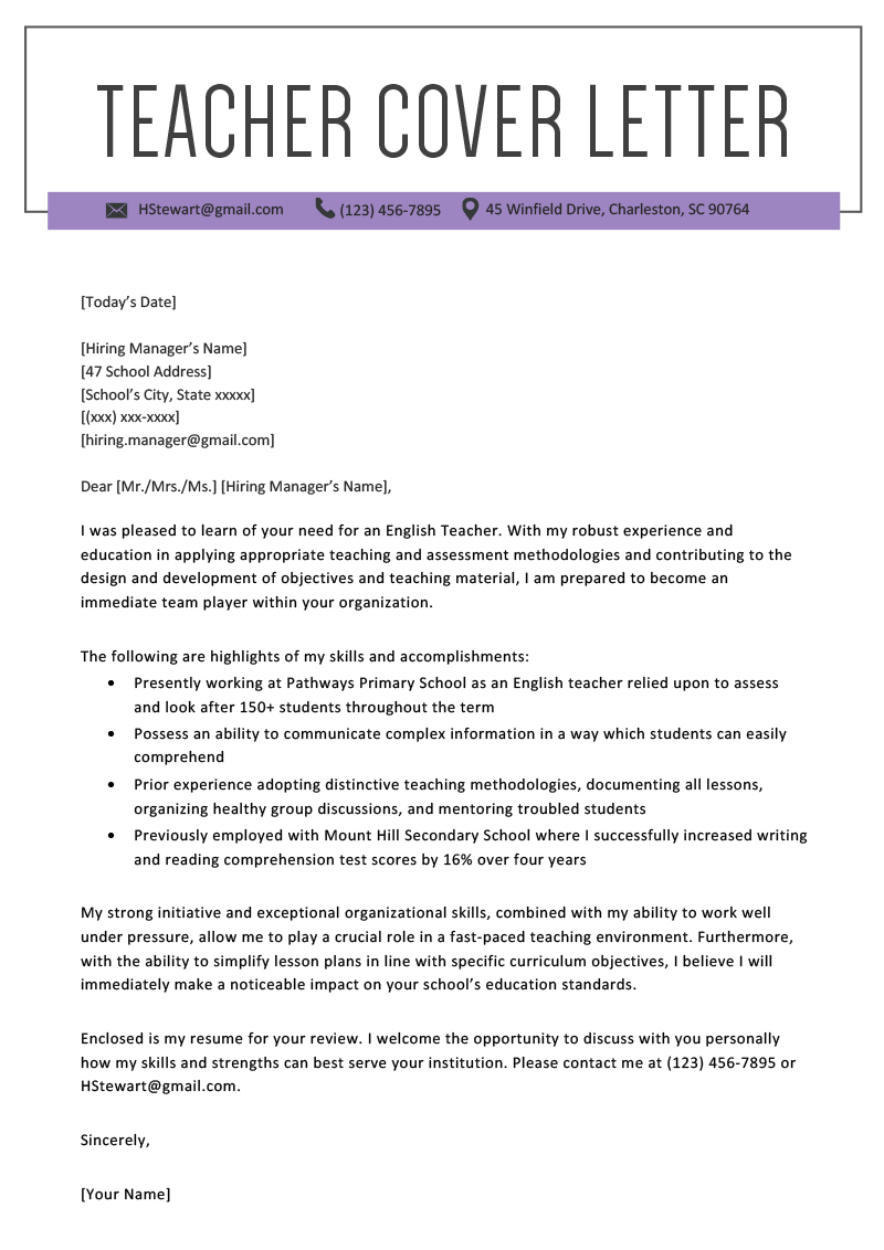 Teacher Cover Letter Example Writing Tips Resume Genius