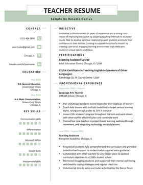 An example of a teacher resume