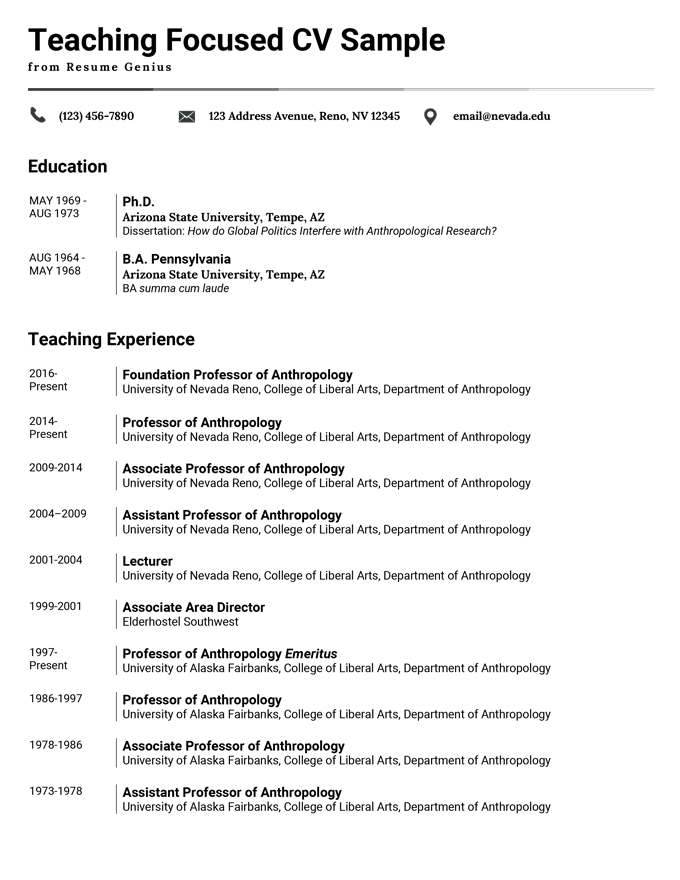 Example of a teaching-focused academic CV formatted on a simple template with a gradient header bar.