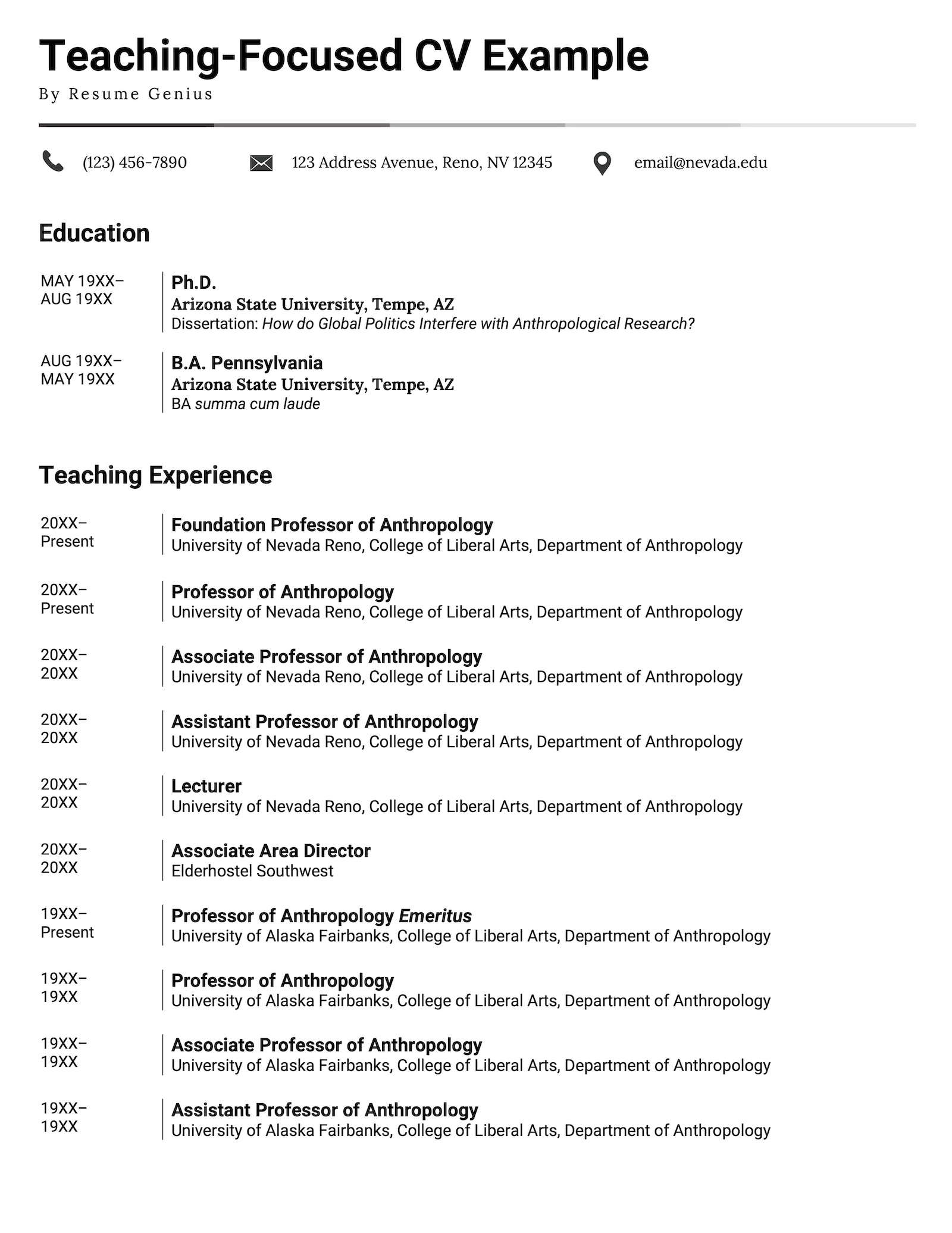 Ejemplo de un CV académico centrado en la enseñanza formateado en una plantilla simple con una barra de encabezado degradada.