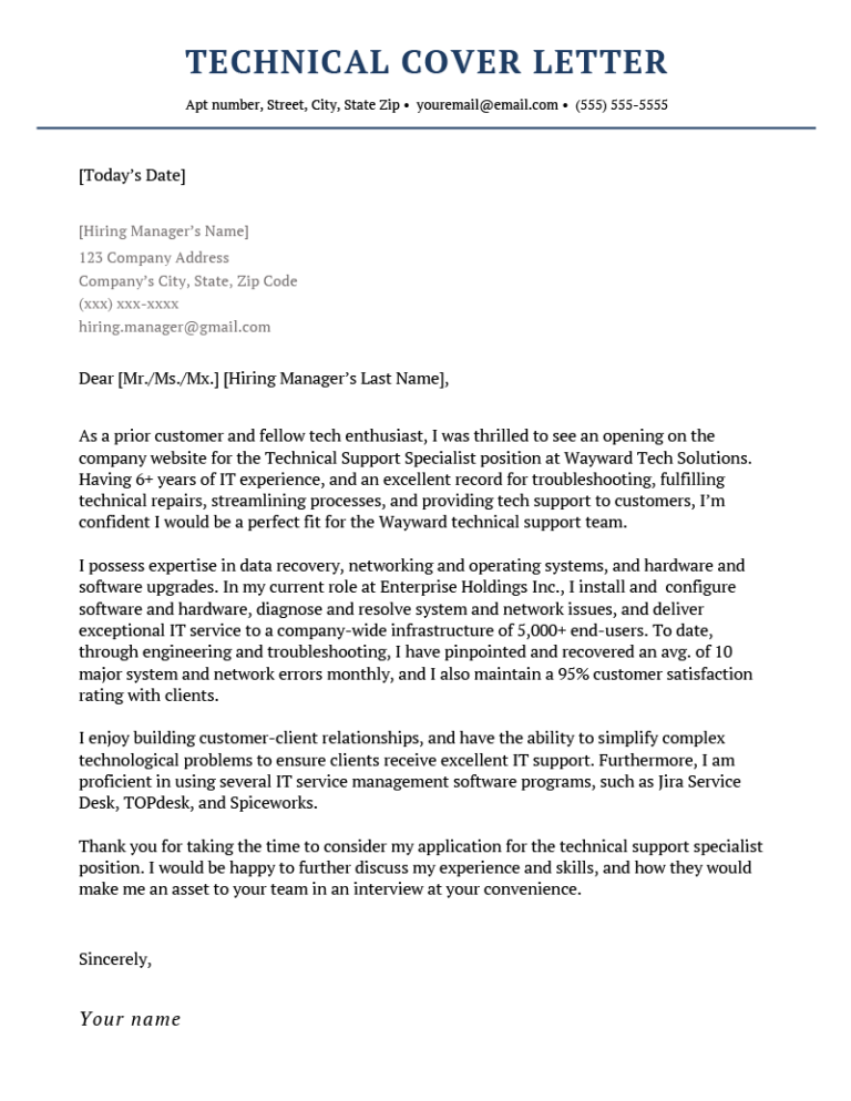 cover letter examples for technical manager