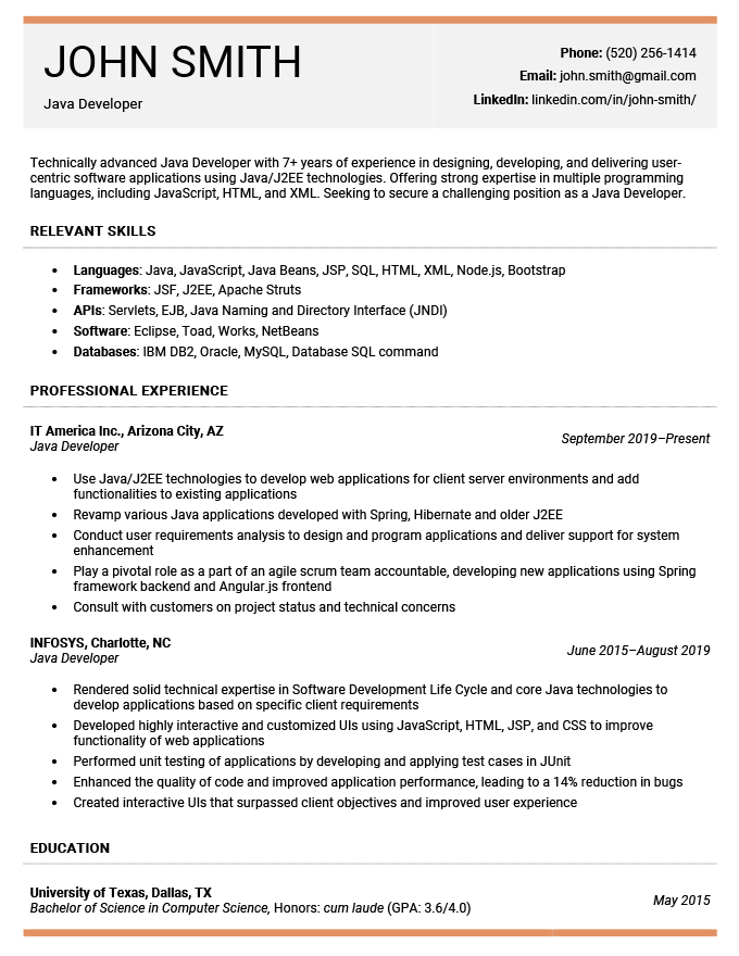 An example showing technical skills on a resume that has blue header text and a skills section under the resume introduction and above the work experience and education sections
