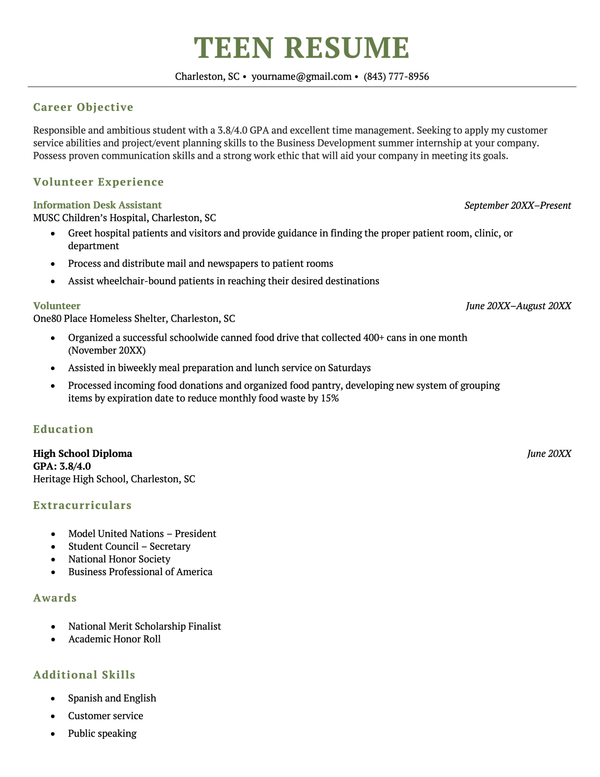 a suitable resume template for teens