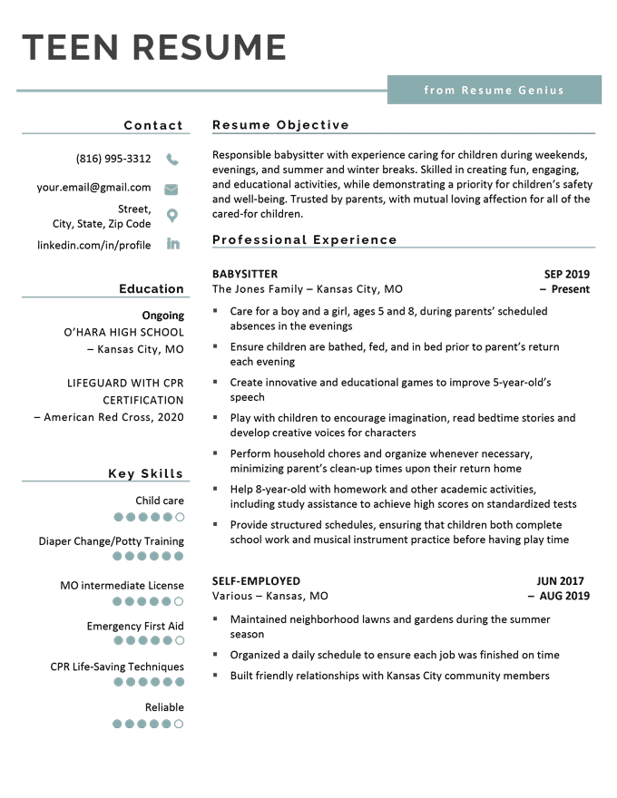 Another example of a resume for teens.