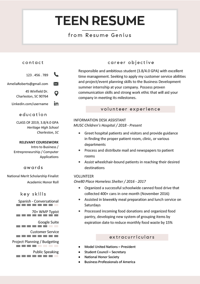 resume maker for teenager