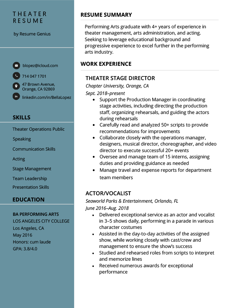 Theater Resume Example Template
