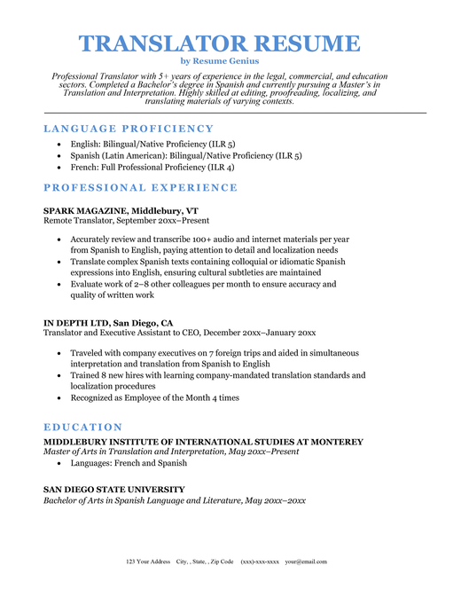 Translator Resume Sample Template