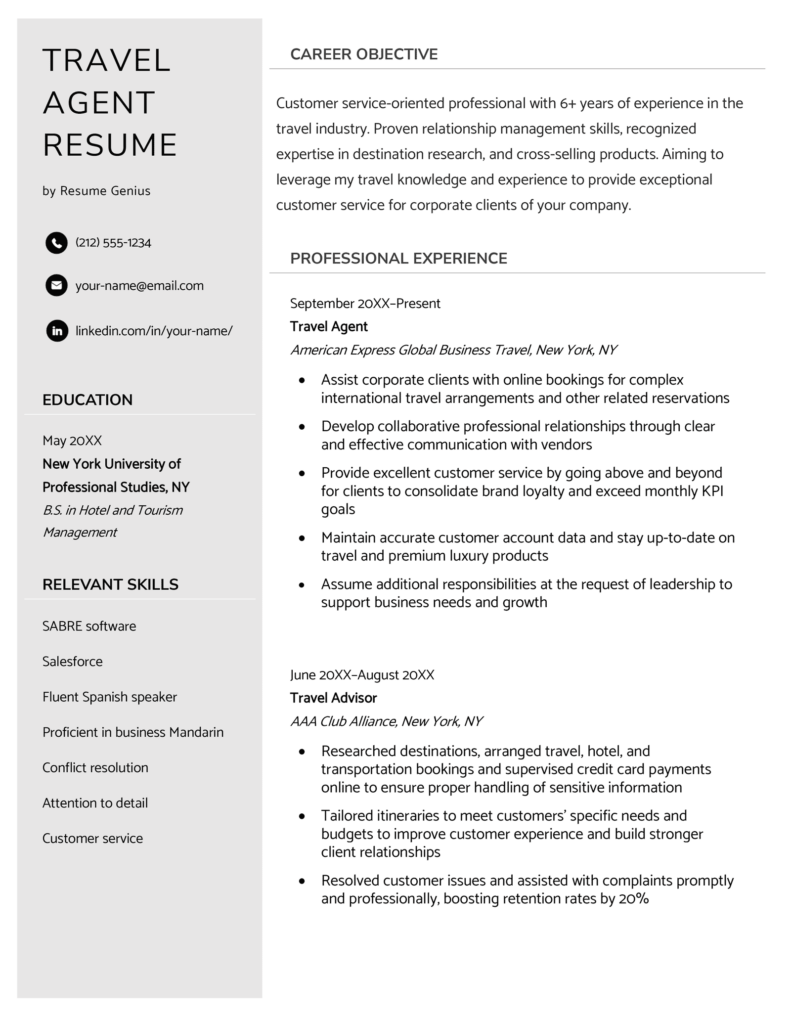 resume example for a travel agent