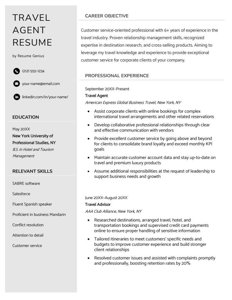 travel experience resume